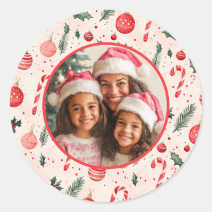 Cute Pink Red Photo Christmas Classic Round Sticker