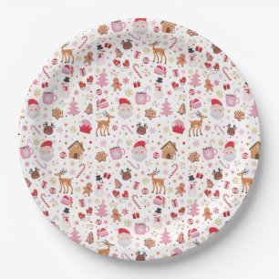 Cute Pink Red Santa Claus Christmas Holiday Party Paper Plate