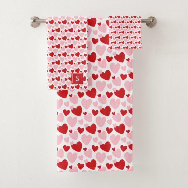 Cute Pink Red Speckled Heart Pattern Personalised Bath Towel Set (Insitu)