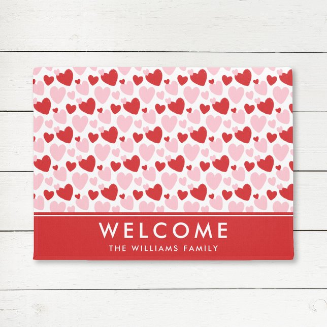 Cute Pink Red Speckled Heart Pattern Personalised Doormat (Creator Uploaded)