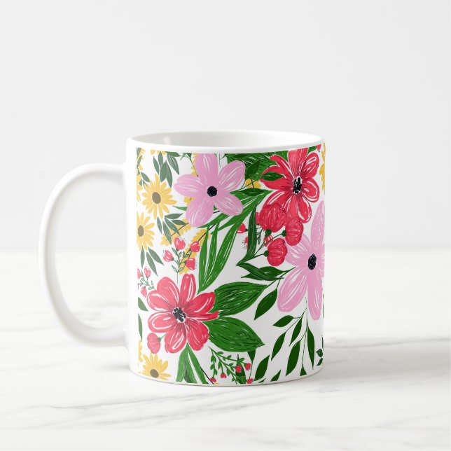 Cute Pink Red Spring Floral Hand Paint Design Coffee Mug (Left)