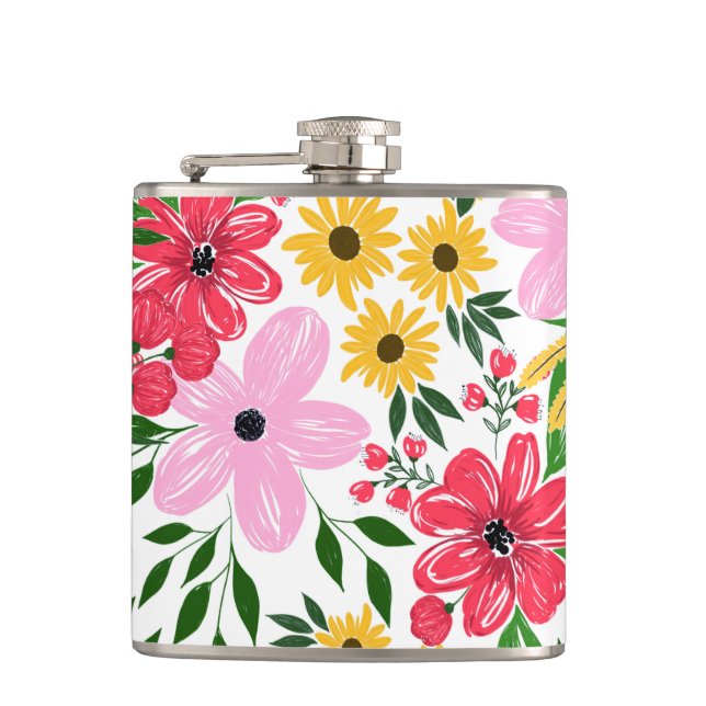 Cute Pink Red Spring Floral Hand Paint Design Hip Flask (Front)