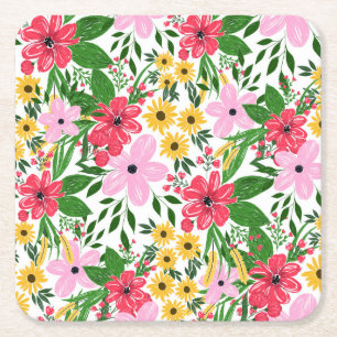 Cute Pink Red Spring Floral Hand Paint Design Square Paper Coaster