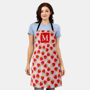 Cute Pink & Red Summer Strawberries Monogram Apron