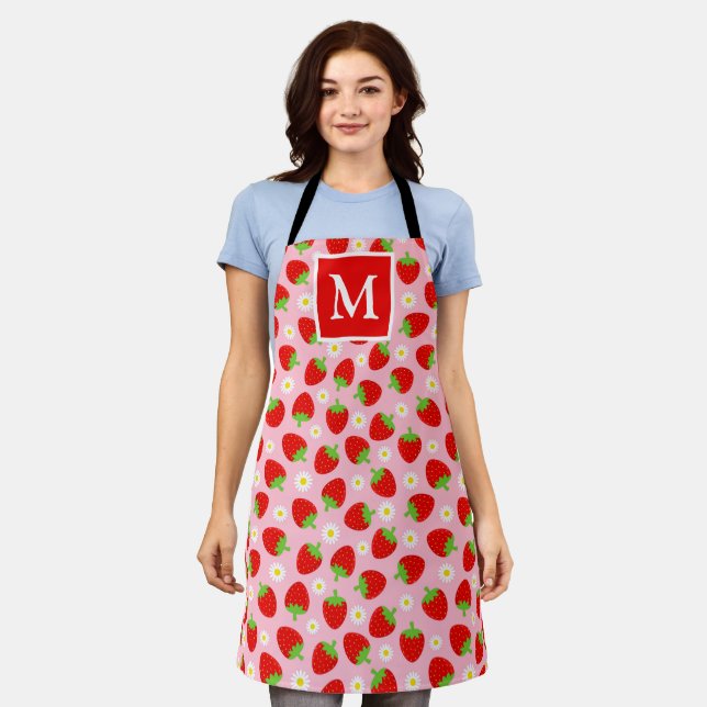 Cute Pink & Red Summer Strawberries Monogram Apron (Worn)