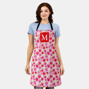 Cute Pink & Red Summer Strawberries Monogram Apron