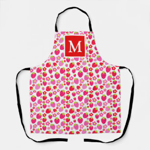 Cute Pink & Red Summer Strawberries Monogram Apron