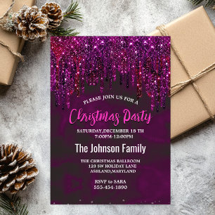 Cute Pink Red Unicorn Glitter Drips Christmas  Invitation