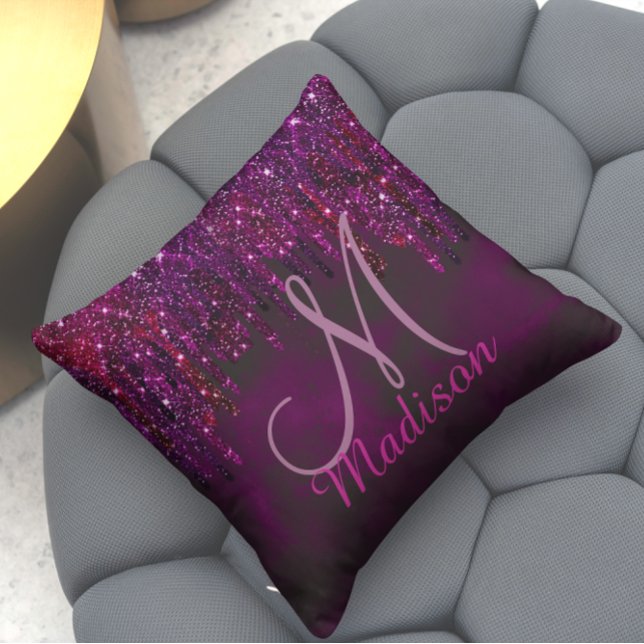 Cute Pink Red Unicorn Glitter Drips monogram Cushion (Creator Uploaded)