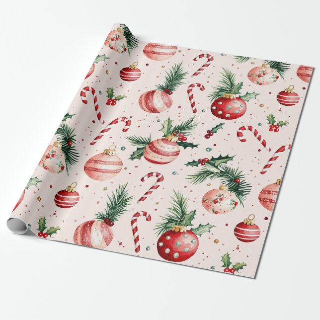 Cute Pink Red Vintage Christmas Wrapping Paper (Unrolled)