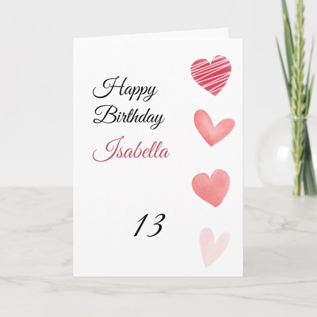 Cute Pink & Red Watercolor Hearts 13th Birthday Card (Front)