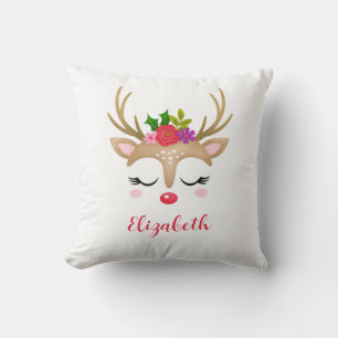 Cute Pink Reindeer Christmas Monogram Cushion