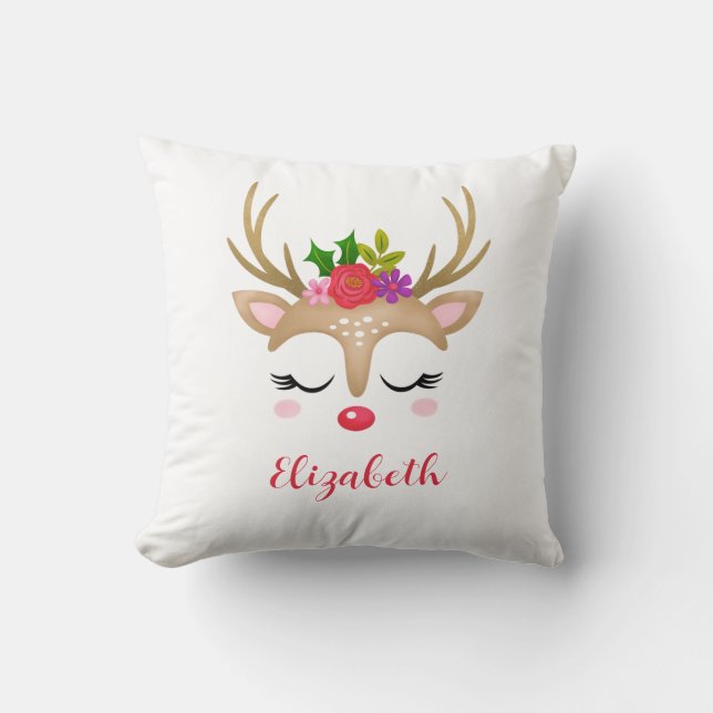 Cute Pink Reindeer Christmas Monogram Cushion (Front)