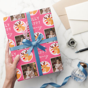 Cute Pink Reindeer Family Photo Christmas  Wrapping Paper