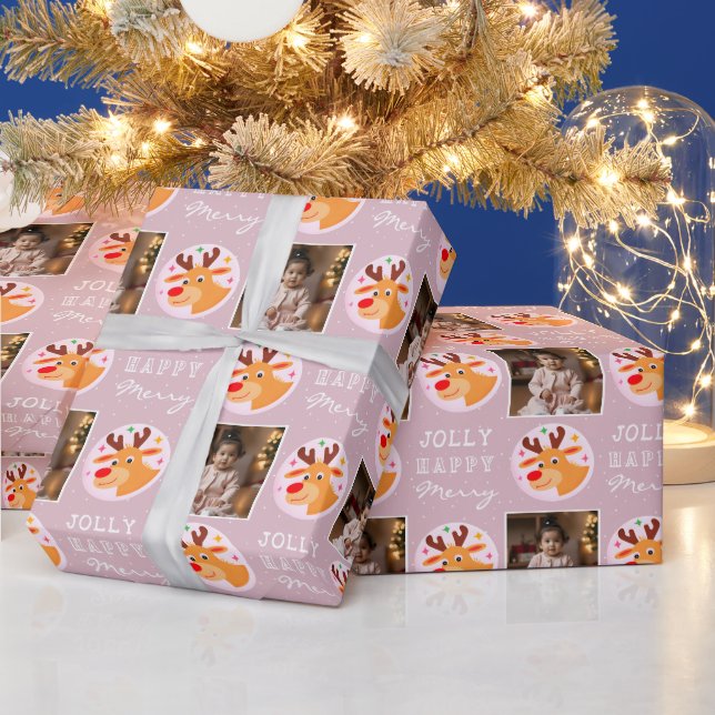 Cute Pink Reindeer Family Photo Christmas  Wrapping Paper (Holidays)