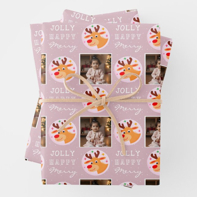 Cute Pink Reindeer Family Photo Christmas  Wrapping Paper Sheet (In situ)