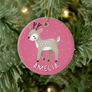 Cute Pink Reindeer Kid`s Name Christmas Ceramic Ornament