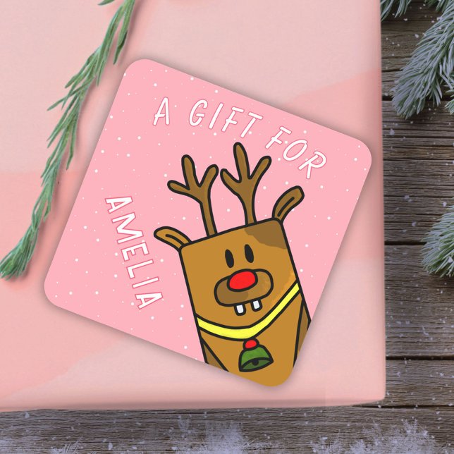 Cute Pink Reindeer Kid`s Name Christmas Gift Square Sticker (Creator Uploaded)