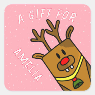 Cute Pink Reindeer Kid`s Name Christmas Gift Square Sticker