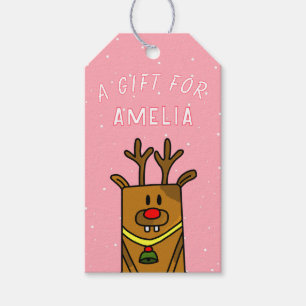 Cute Pink Reindeer Kid`s Name Christmas Gift Tags
