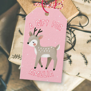 Cute Pink Reindeer Kid`s Name Christmas Gift Tags