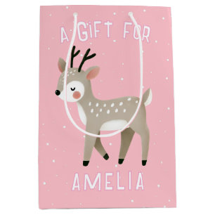 Cute Pink Reindeer Kid`s Name Christmas Medium Gift Bag