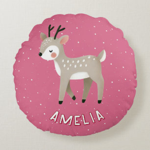 Cute Pink Reindeer Kid`s Name Christmas Round Cushion