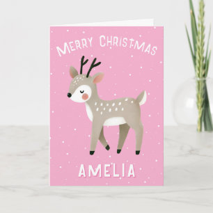 Cute Pink Reindeer Kid`s Name Merry Christmas Card