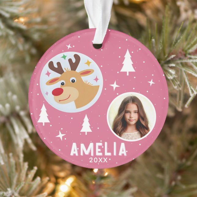 Cute Pink Reindeer Kid`s Name Photo Christmas Ornament (Tree)