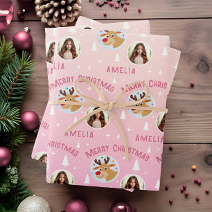 Cute Pink Reindeer Kid`s Name Photo Christmas Wrapping Paper Sheet