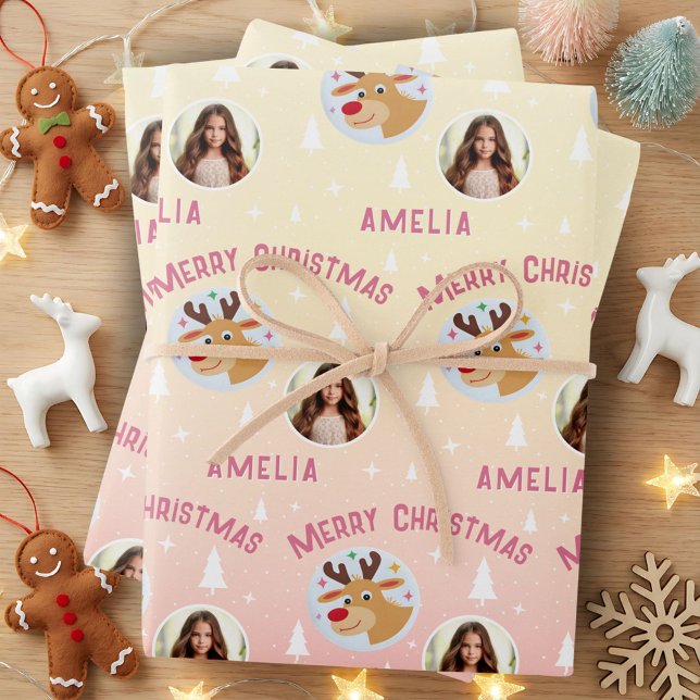 Cute Pink Reindeer Kid`s Name Photo Christmas Wrapping Paper Sheet (Creator Uploaded)
