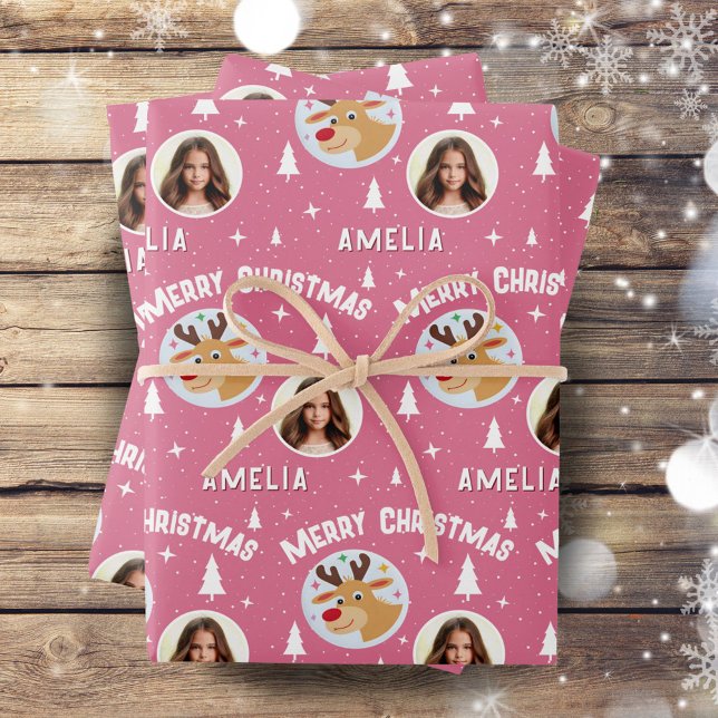 Cute Pink Reindeer Kid`s Name Photo Christmas Wrapping Paper Sheet (Creator Uploaded)