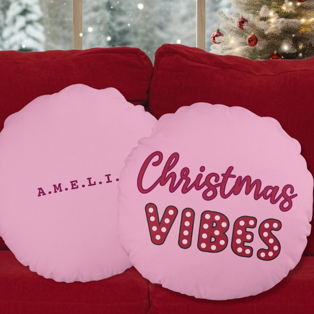 Cute Pink Retro Christmas Vibes Round Cushion (cute pink retro christmas vibes round pillow)