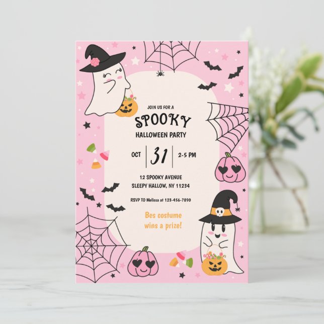 Cute Pink Retro Halloween Party Invitation (Standing Front)