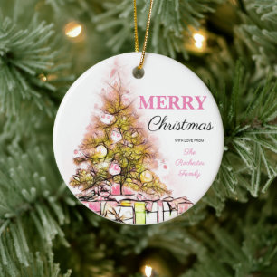 Cute Pink Retro Merry Christmas Tree Photo Ceramic Ornament
