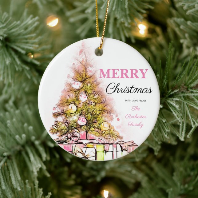 Cute Pink Retro Merry Christmas Tree Photo Ceramic Ornament (Tree)