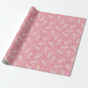 Cute Pink Retro Strawberry Milkshake Pattern Wrapping Paper