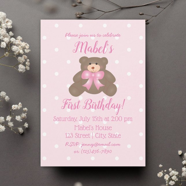 Cute Pink Ribbon Baby Teddy Bear First Birthday Invitation (Creator Uploaded)