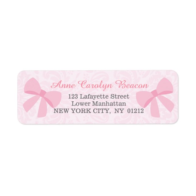 Cute Pink Ribbon Bow Damask Personalised Return Address Label (Front)