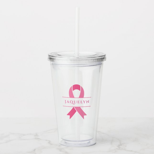 Cute Pink Ribbon Breast Cancer Awareness Acrylic Tumbler (Front)