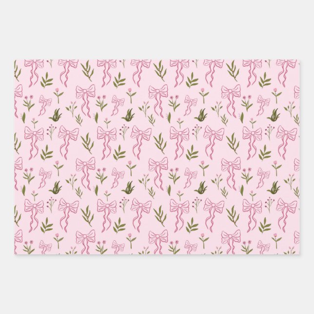 Cute Pink Ribbon Floral Seamless Pattern Wrapping Paper Sheet (Front)