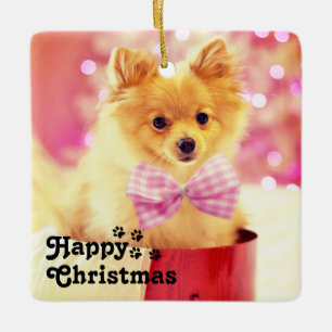 Cute Pink Ribbon Puppy&Happy Christmas Unique Ceramic Ornament