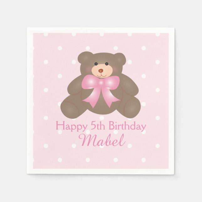 Cute Pink Ribbon Teddy Bear Girl Birthday Party Napkin (Front)