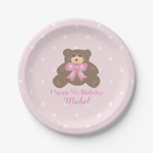 Cute Pink Ribbon Teddy Bear Girl Birthday Party Paper Plate