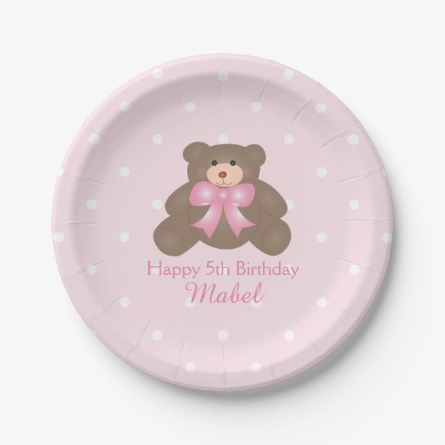 Cute Pink Ribbon Teddy Bear Girl Birthday Party Paper Plate (Front)