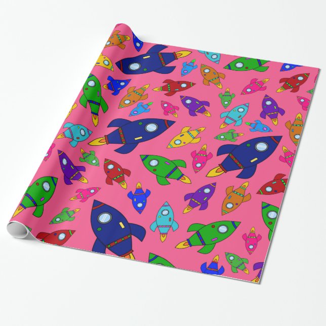 Cute pink rocket ships pattern wrapping paper (Unrolled)