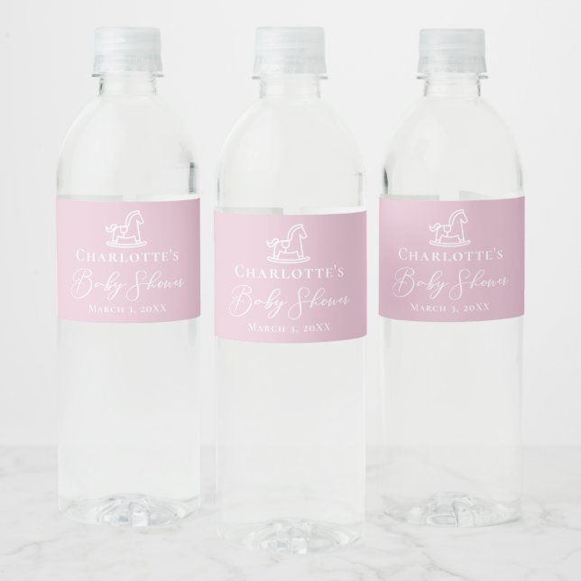 Cute Pink Rocking Horse Baby Shower Party Custom Water Bottle Label (Bottles)