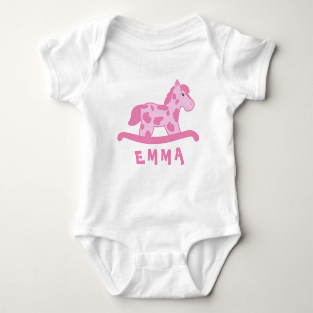 Cute Pink Rocking Horse Name Baby Bodysuit (Front)