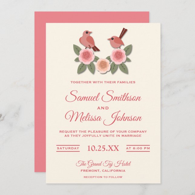 Cute Pink Romantic Birds Floral Wedding Invitation (Front/Back)