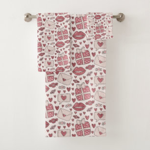 Cute Pink Romantic Hearts Lips Sealed With A Kiss Bath Towel Set